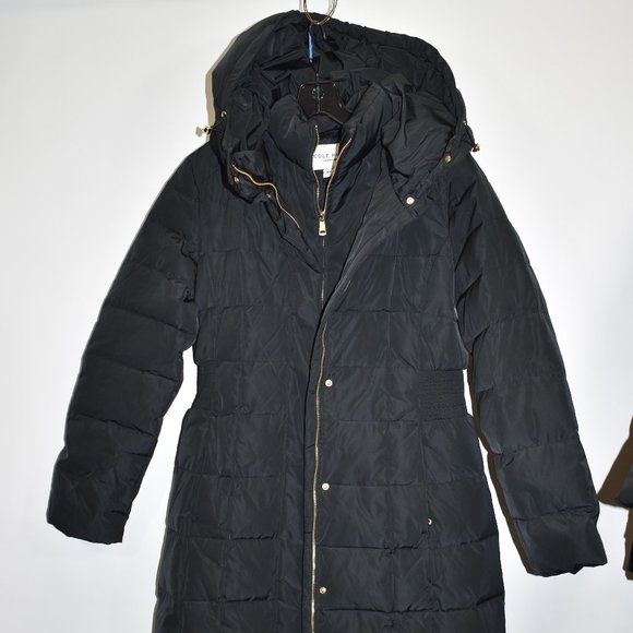 $300 COLE HAAN Puffer Zip Bib Insert Hooded Down parka coat Jacket black L - Picture 6 of 13